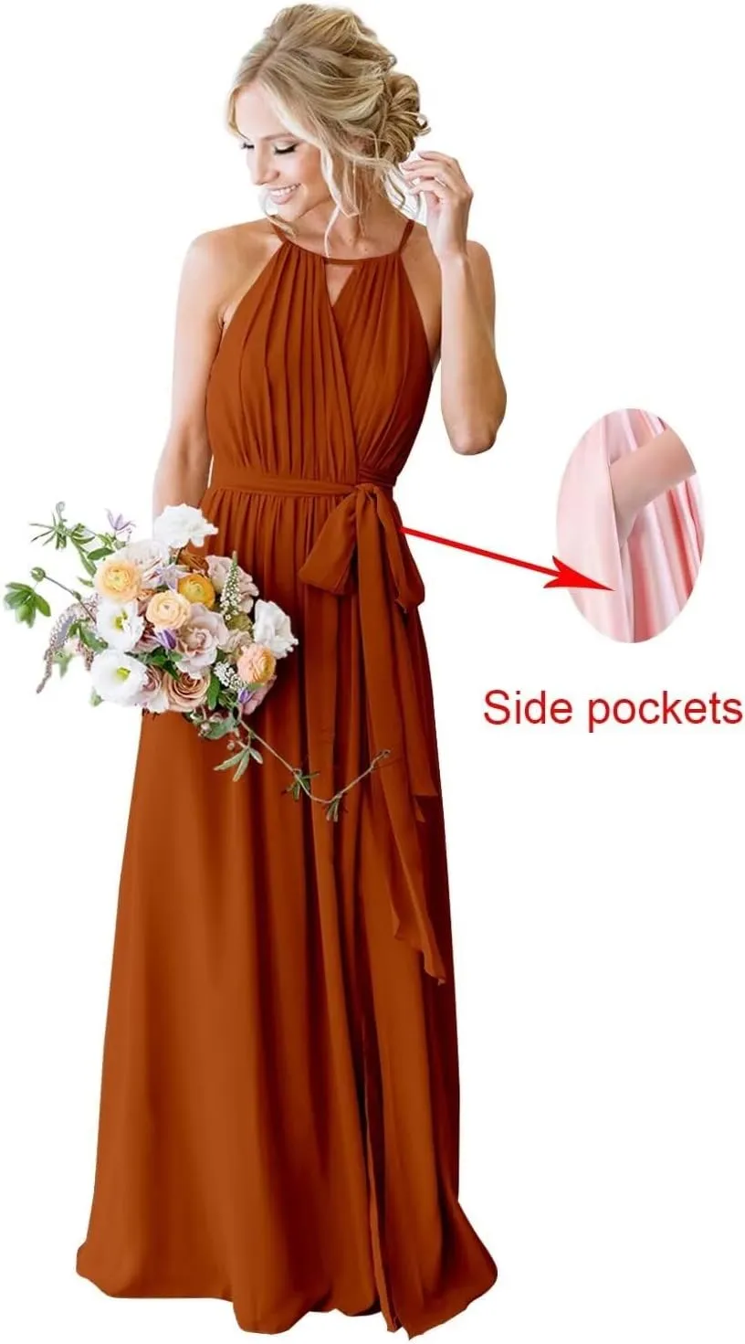 Womens A Line Halter Neck Bridesmaid Dress, Pleated Chiffon Long Formal Evening Party Gown with Pockets