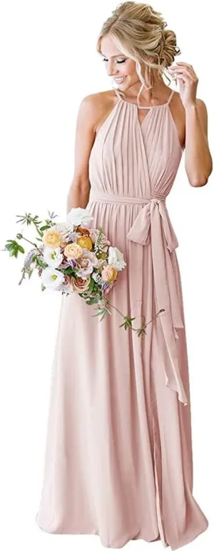 Womens A Line Halter Neck Bridesmaid Dress, Pleated Chiffon Long Formal Evening Party Gown with Pockets