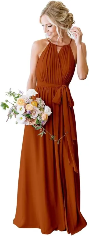Womens A Line Halter Neck Bridesmaid Dress, Pleated Chiffon Long Formal Evening Party Gown with Pockets