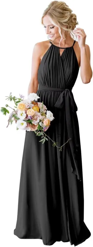 Womens A Line Halter Neck Bridesmaid Dress, Pleated Chiffon Long Formal Evening Party Gown with Pockets
