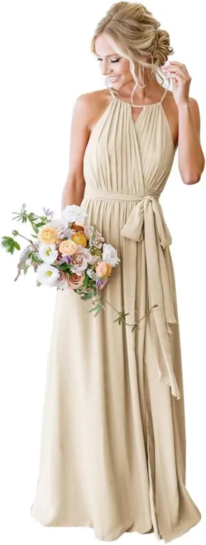 Womens A Line Halter Neck Bridesmaid Dress, Pleated Chiffon Long Formal Evening Party Gown with Pockets