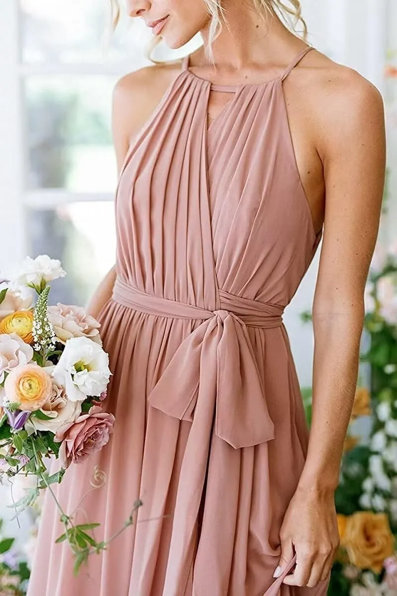 Womens A Line Halter Neck Bridesmaid Dress, Pleated Chiffon Long Formal Evening Party Gown with Pockets