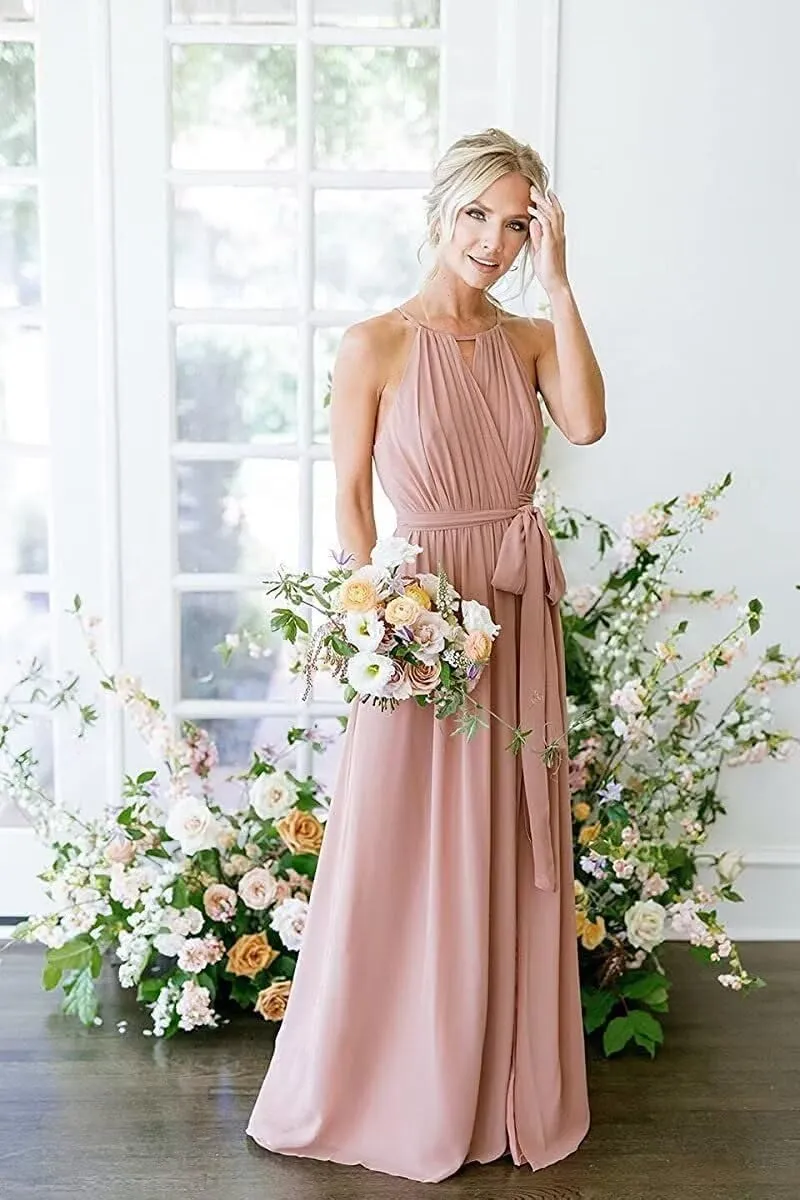 Womens A Line Halter Neck Bridesmaid Dress, Pleated Chiffon Long Formal Evening Party Gown with Pockets