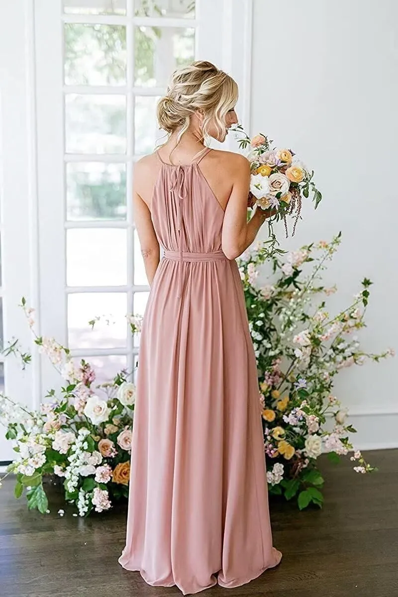 Womens A Line Halter Neck Bridesmaid Dress, Pleated Chiffon Long Formal Evening Party Gown with Pockets