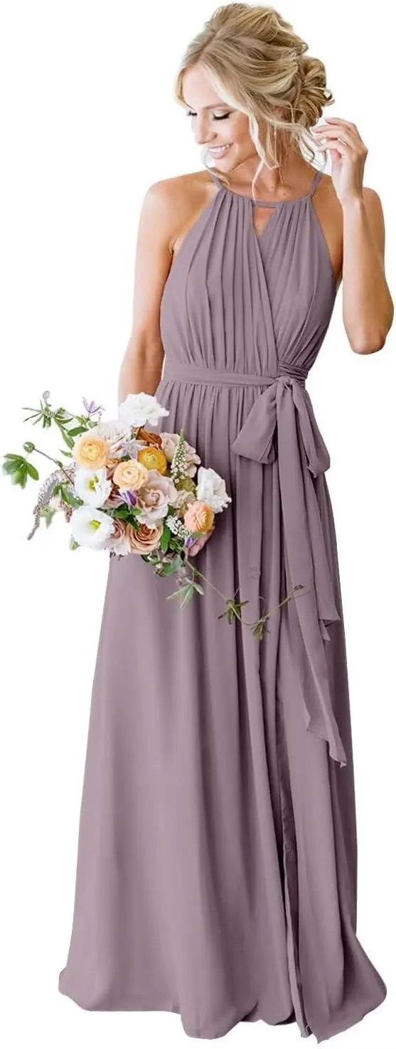 Womens A Line Halter Neck Bridesmaid Dress, Pleated Chiffon Long Formal Evening Party Gown with Pockets
