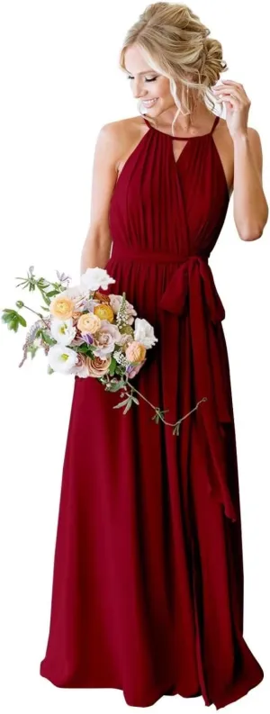Womens A Line Halter Neck Bridesmaid Dress, Pleated Chiffon Long Formal Evening Party Gown with Pockets