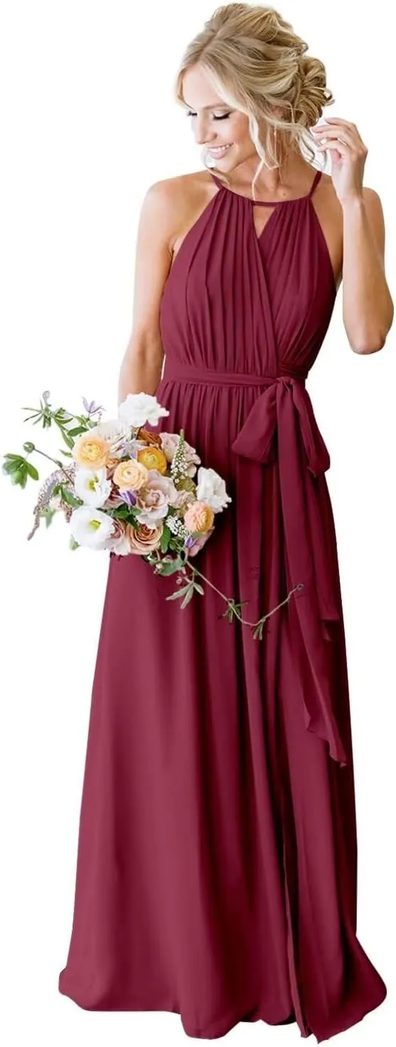 Womens A Line Halter Neck Bridesmaid Dress, Pleated Chiffon Long Formal Evening Party Gown with Pockets