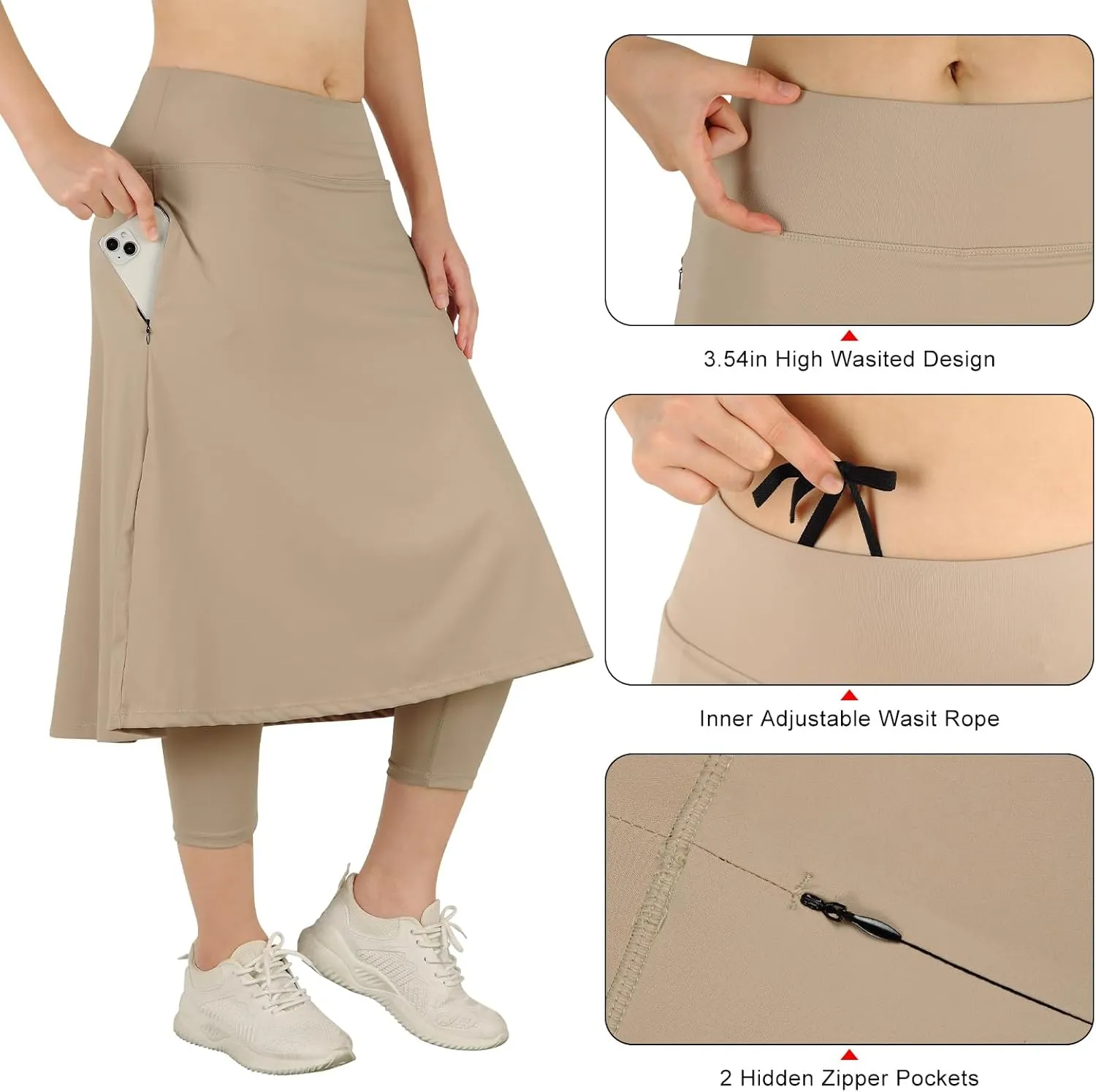 Womens Athletic Skirted Leggings with Pockets High Waisted Knee Length Skirts with Capris Leggings for Tennis