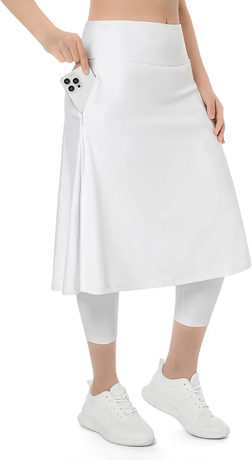 Womens Athletic Skirted Leggings with Pockets High Waisted Knee Length Skirts with Capris Leggings for Tennis