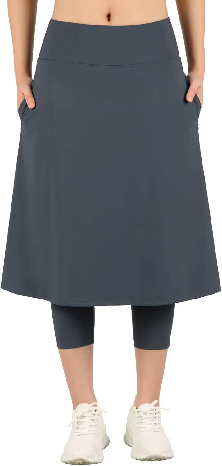 Womens Athletic Skirted Leggings with Pockets High Waisted Knee Length Skirts with Capris Leggings for Tennis