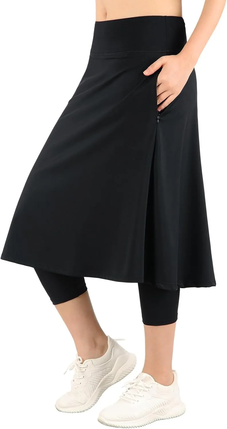 Womens Athletic Skirted Leggings with Pockets High Waisted Knee Length Skirts with Capris Leggings for Tennis