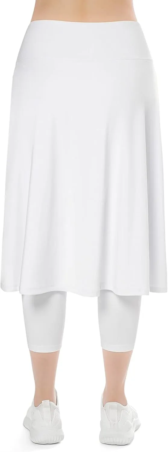 Womens Athletic Skirted Leggings with Pockets High Waisted Knee Length Skirts with Capris Leggings for Tennis