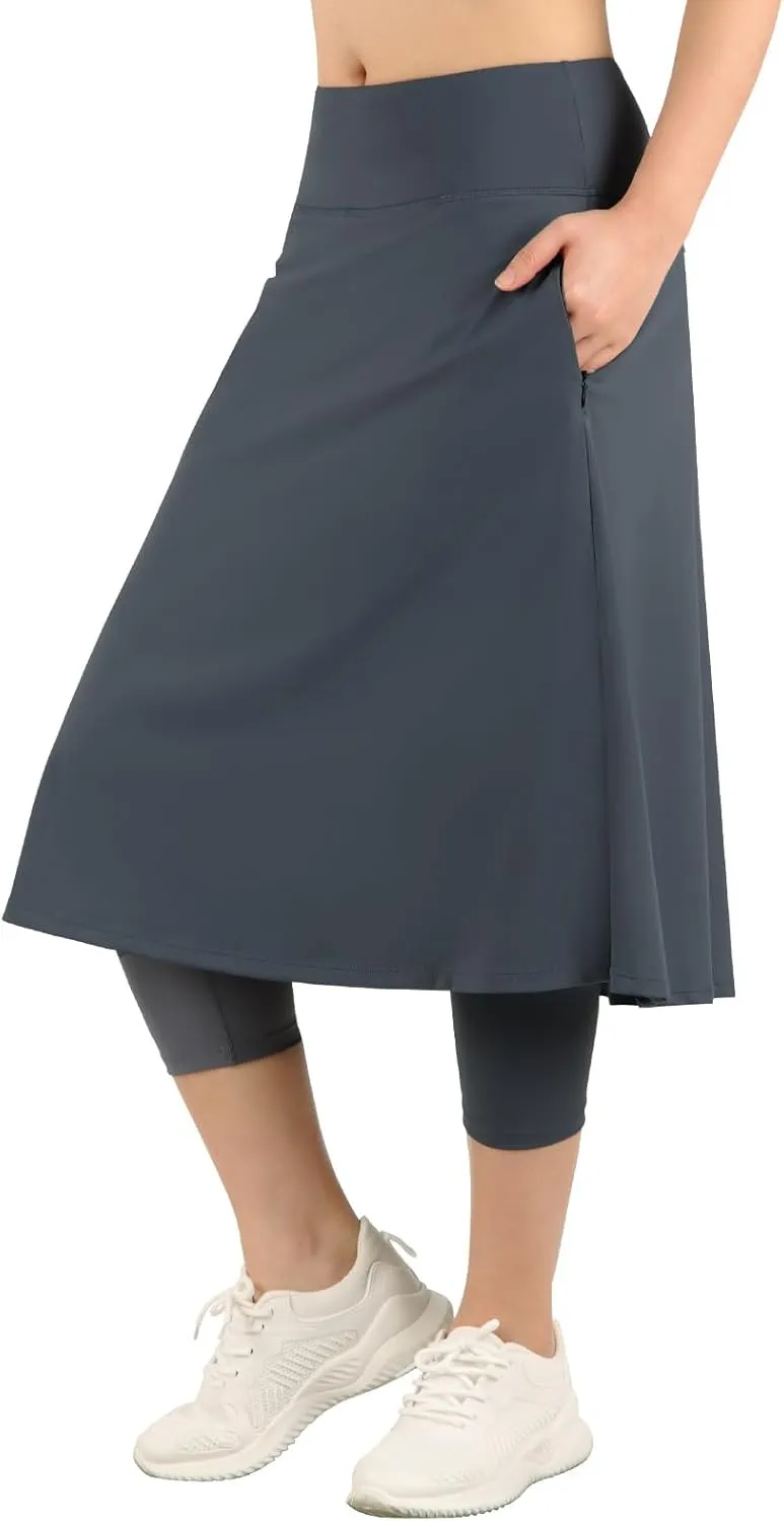 Womens Athletic Skirted Leggings with Pockets High Waisted Knee Length Skirts with Capris Leggings for Tennis