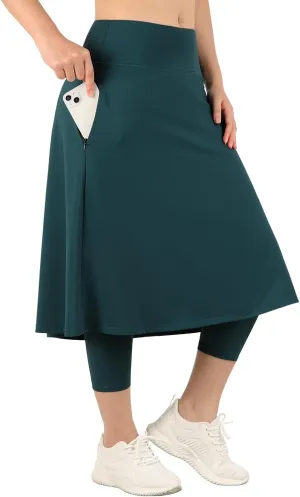Womens Athletic Skirted Leggings with Pockets High Waisted Knee Length Skirts with Capris Leggings for Tennis