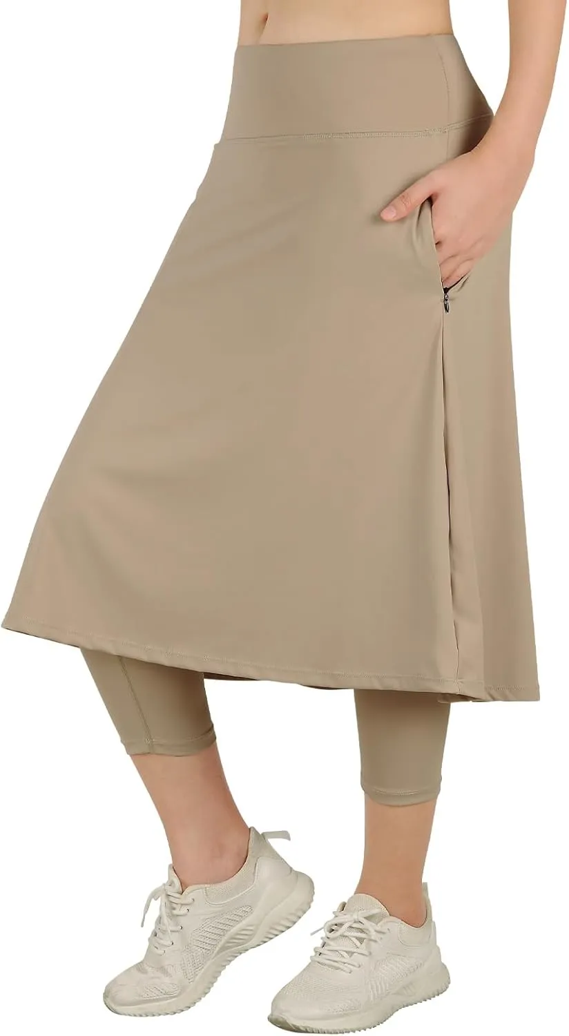 Womens Athletic Skirted Leggings with Pockets High Waisted Knee Length Skirts with Capris Leggings for Tennis