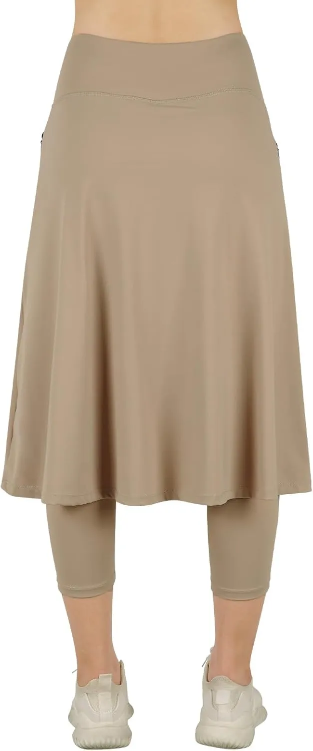 Womens Athletic Skirted Leggings with Pockets High Waisted Knee Length Skirts with Capris Leggings for Tennis