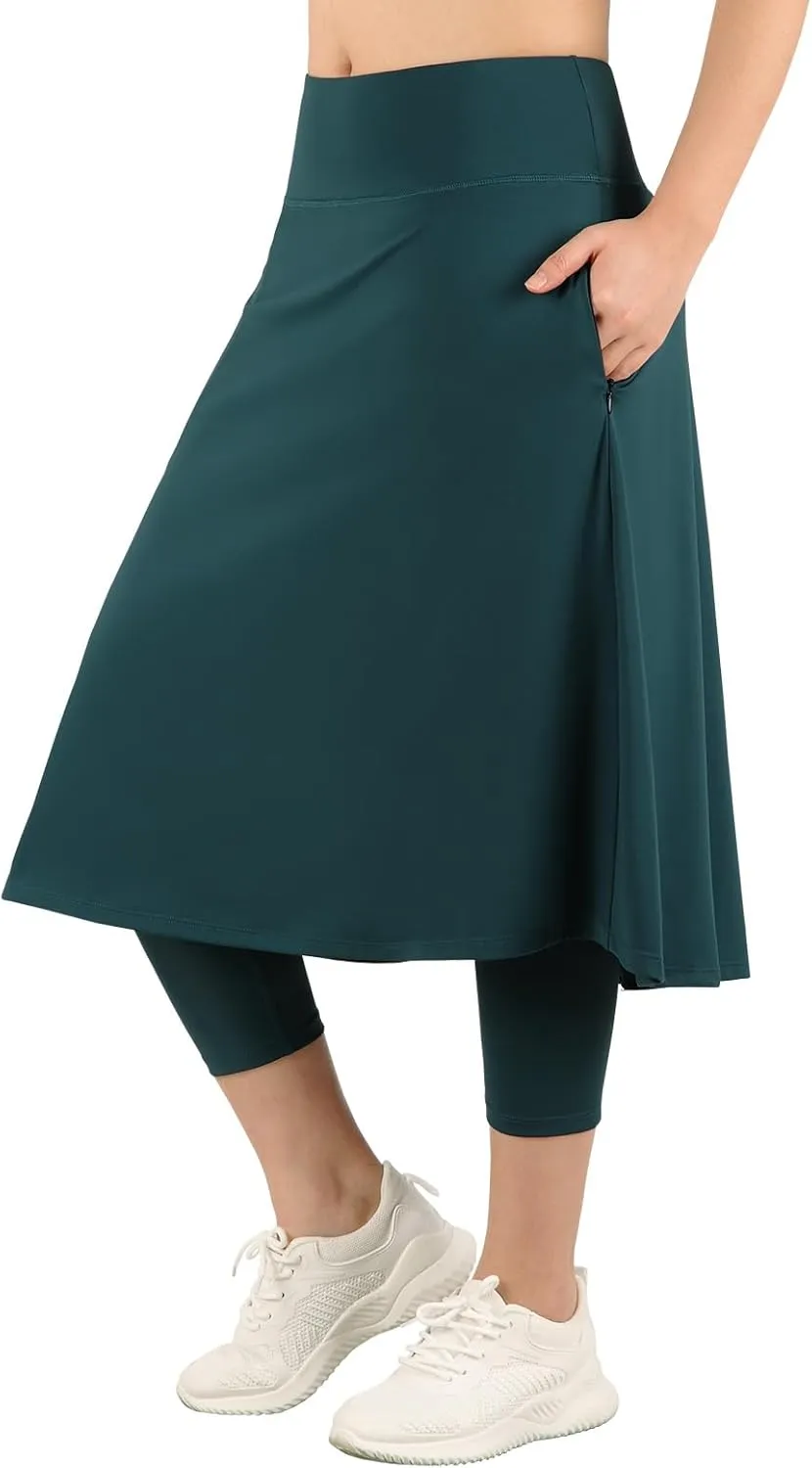Womens Athletic Skirted Leggings with Pockets High Waisted Knee Length Skirts with Capris Leggings for Tennis