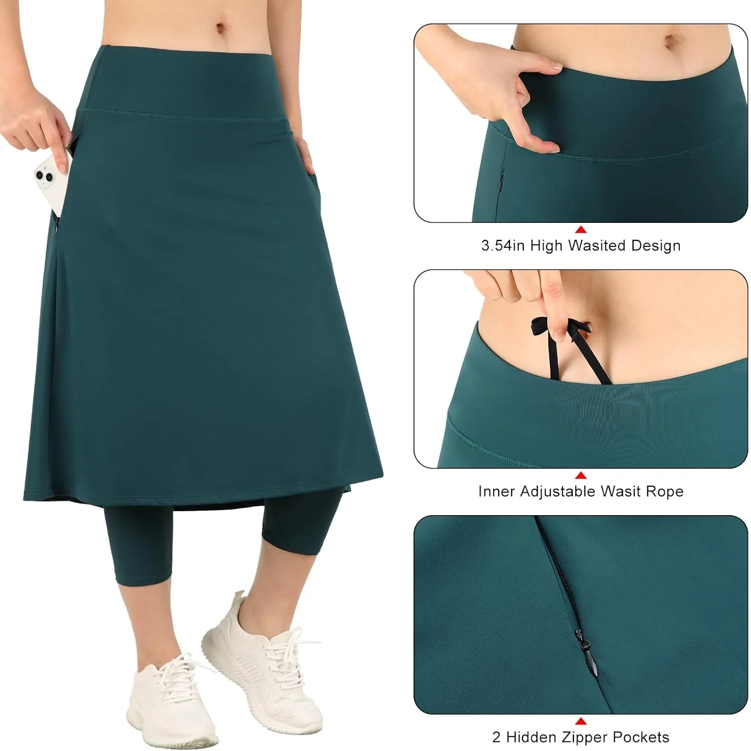 Womens Athletic Skirted Leggings with Pockets High Waisted Knee Length Skirts with Capris Leggings for Tennis
