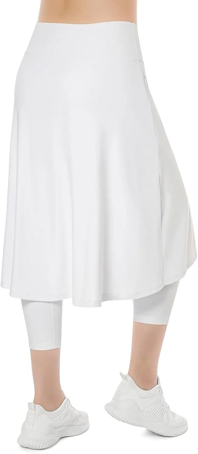 Womens Athletic Skirted Leggings with Pockets High Waisted Knee Length Skirts with Capris Leggings for Tennis