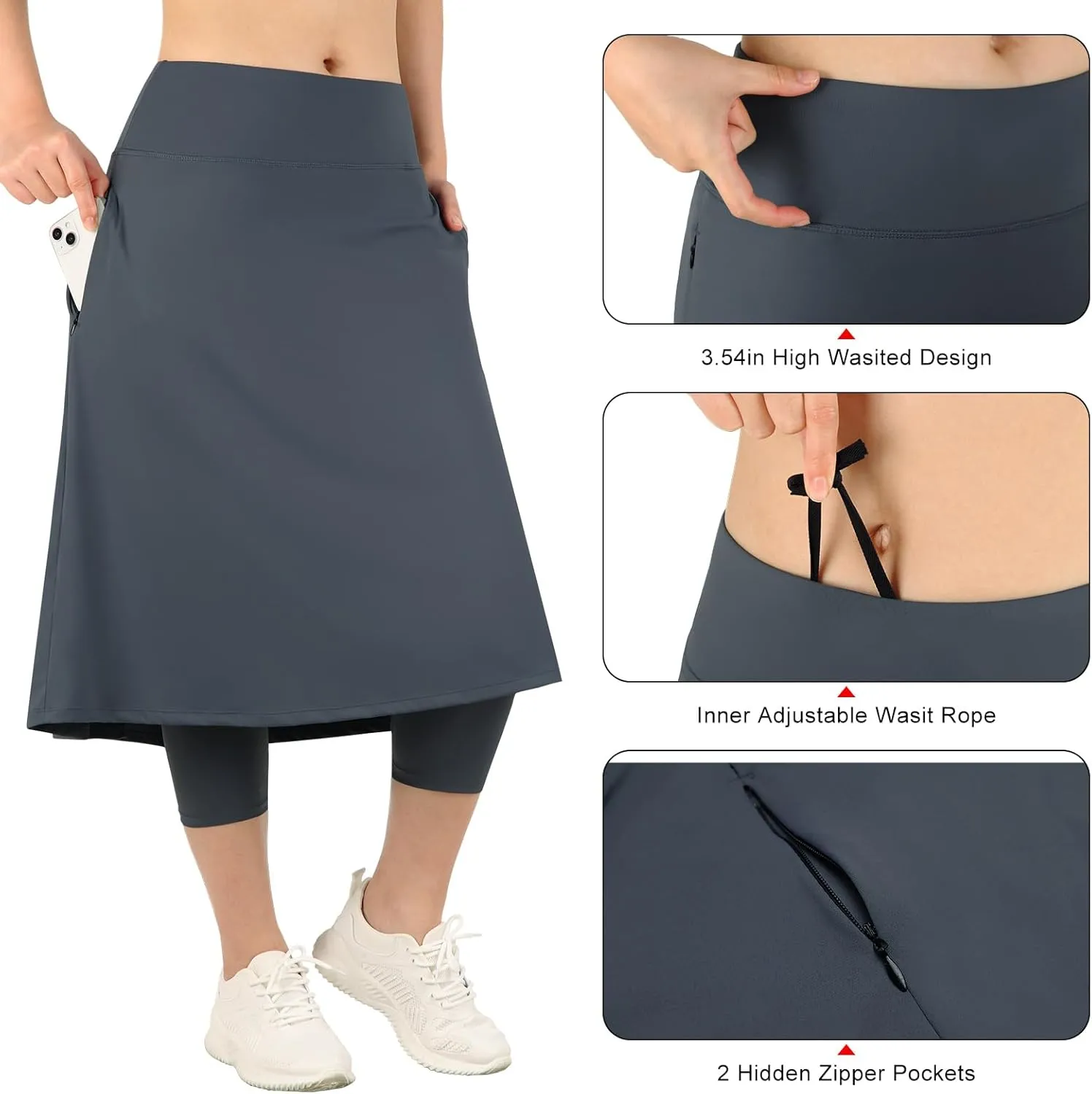 Womens Athletic Skirted Leggings with Pockets High Waisted Knee Length Skirts with Capris Leggings for Tennis
