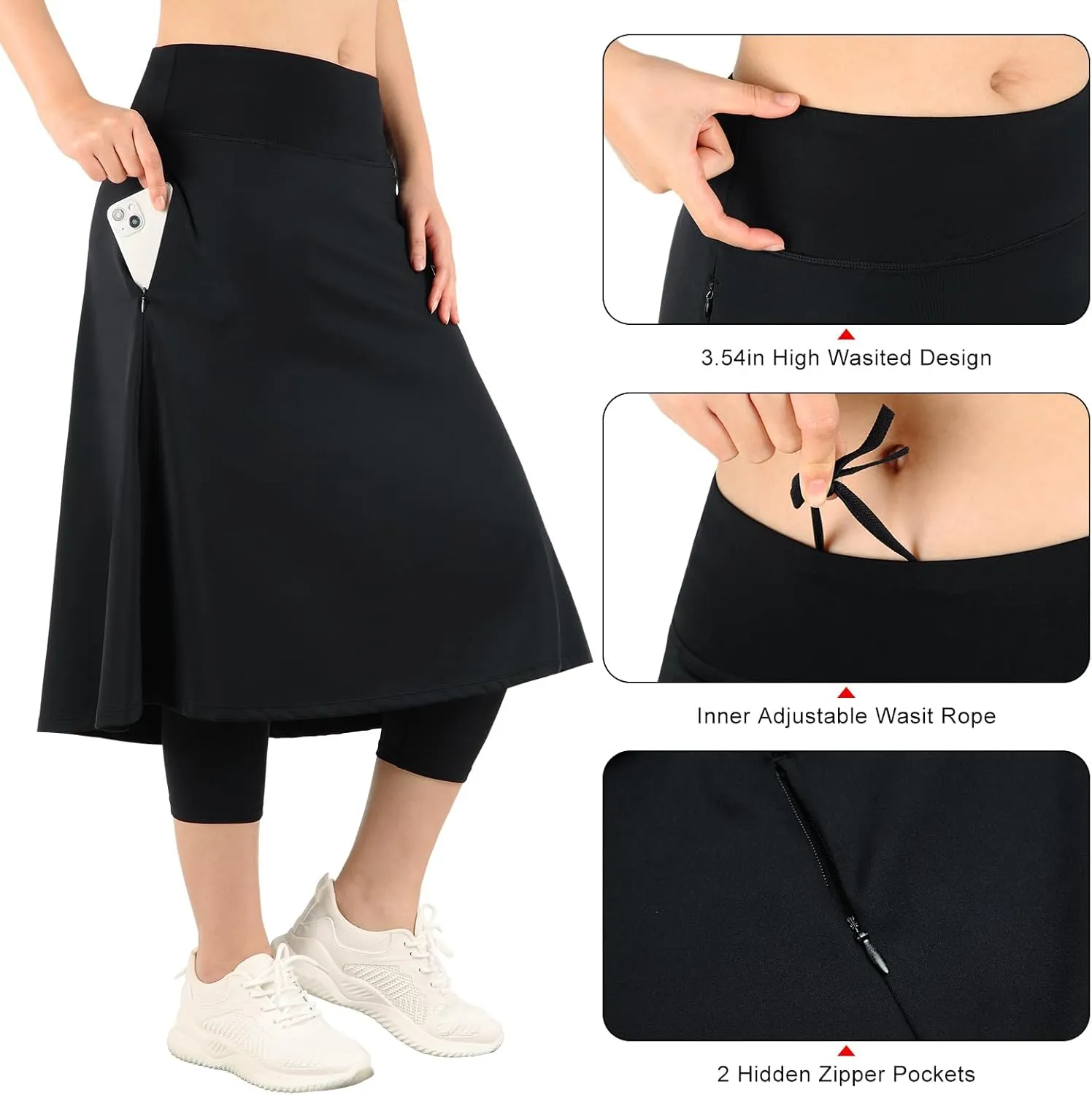 Womens Athletic Skirted Leggings with Pockets High Waisted Knee Length Skirts with Capris Leggings for Tennis