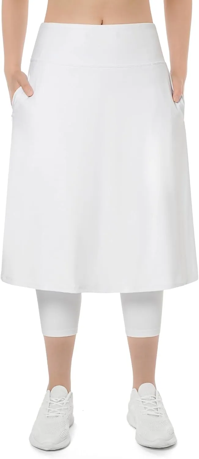 Womens Athletic Skirted Leggings with Pockets High Waisted Knee Length Skirts with Capris Leggings for Tennis