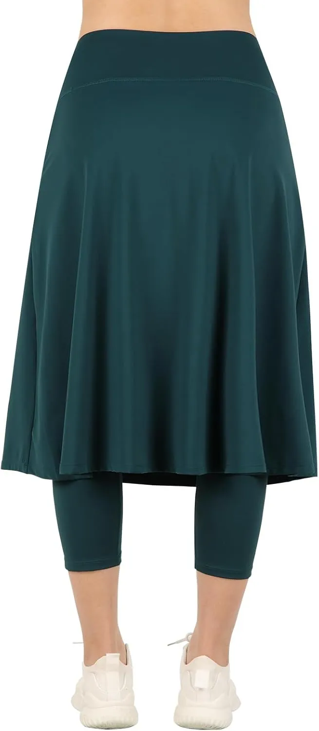 Womens Athletic Skirted Leggings with Pockets High Waisted Knee Length Skirts with Capris Leggings for Tennis