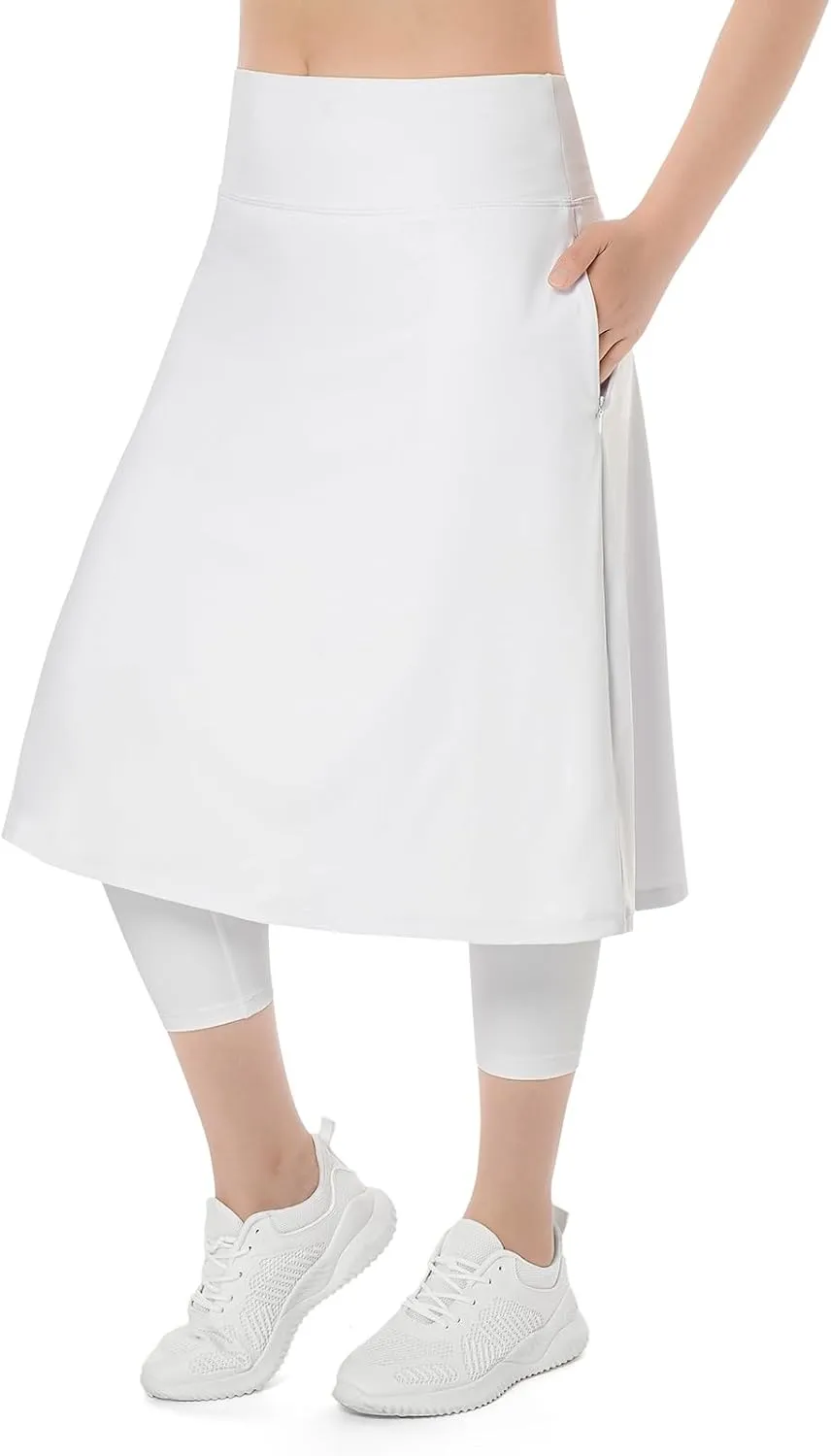 Womens Athletic Skirted Leggings with Pockets High Waisted Knee Length Skirts with Capris Leggings for Tennis