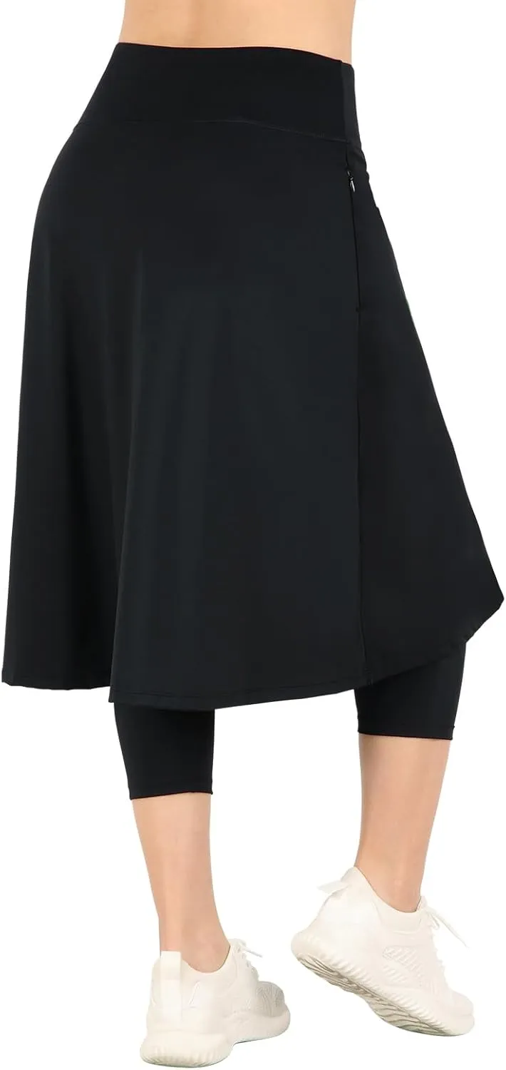Womens Athletic Skirted Leggings with Pockets High Waisted Knee Length Skirts with Capris Leggings for Tennis