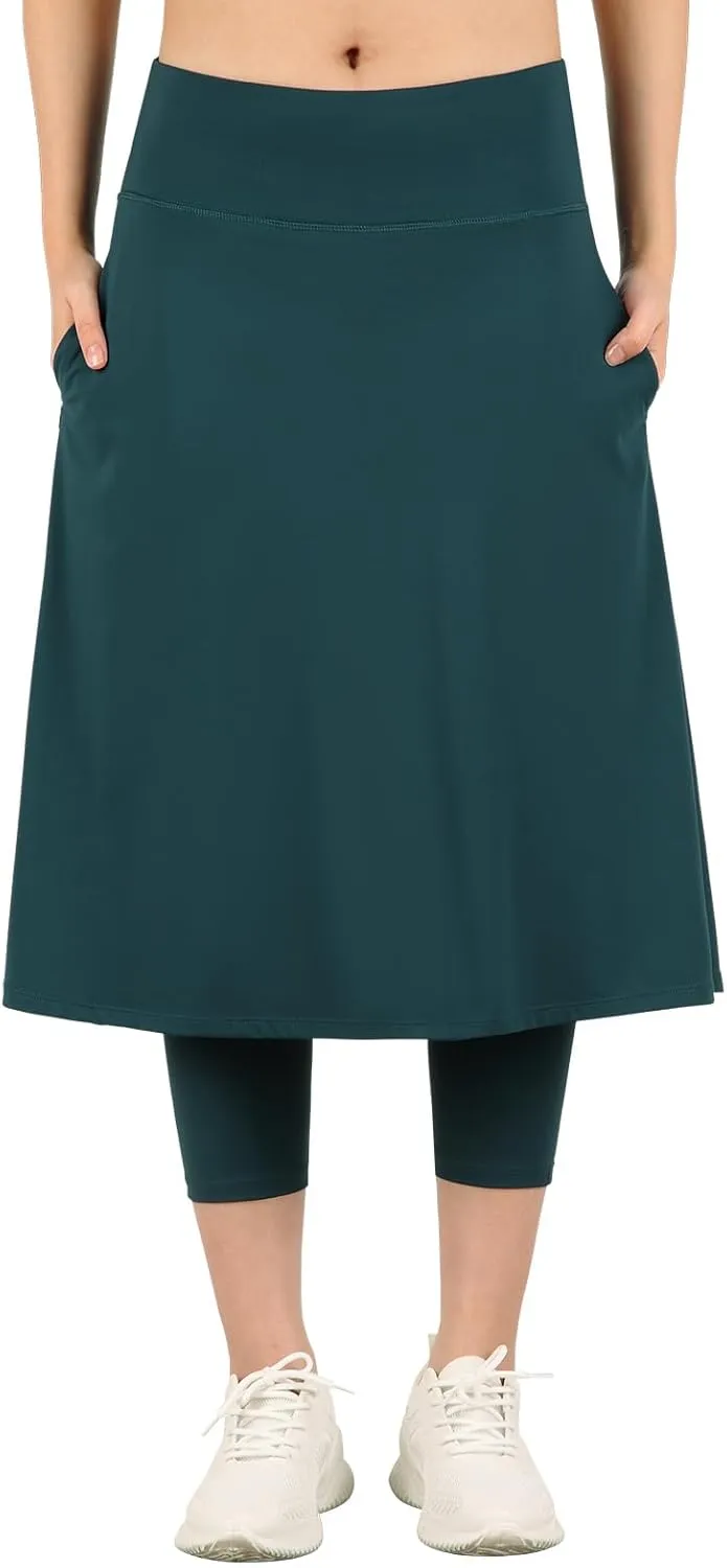 Womens Athletic Skirted Leggings with Pockets High Waisted Knee Length Skirts with Capris Leggings for Tennis