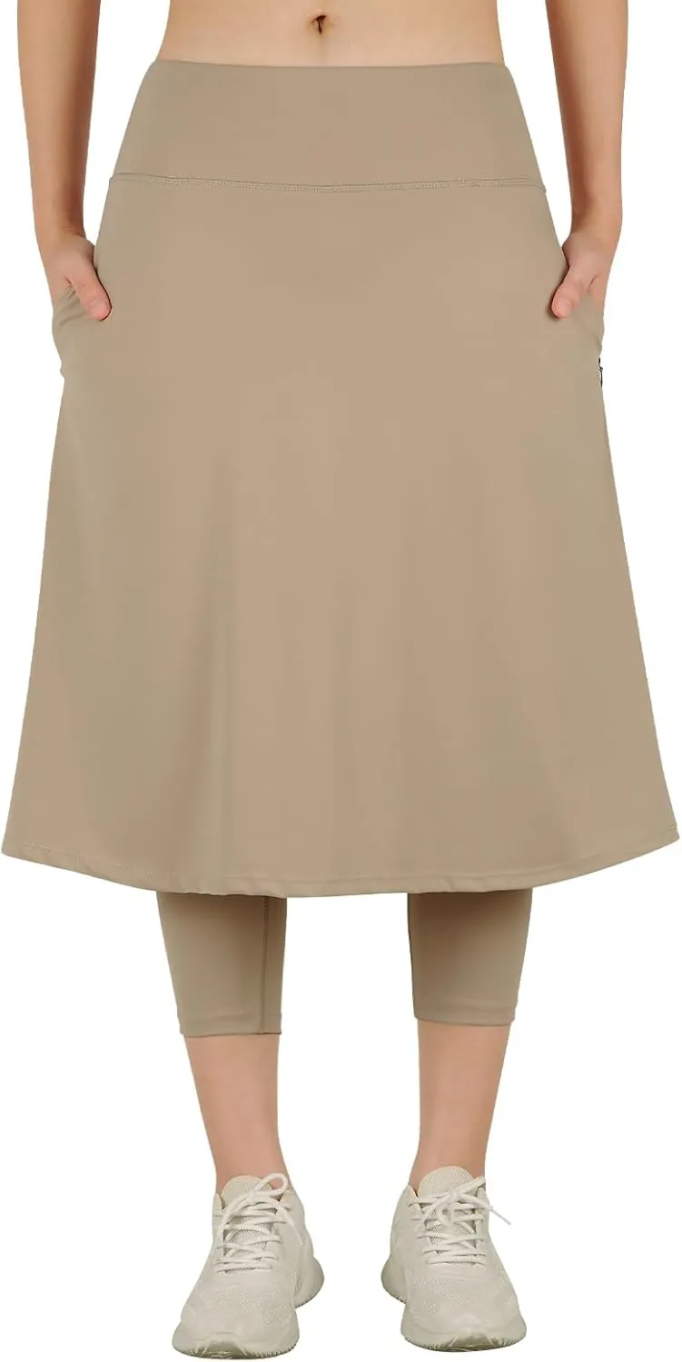 Womens Athletic Skirted Leggings with Pockets High Waisted Knee Length Skirts with Capris Leggings for Tennis
