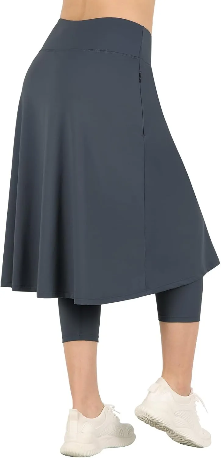 Womens Athletic Skirted Leggings with Pockets High Waisted Knee Length Skirts with Capris Leggings for Tennis