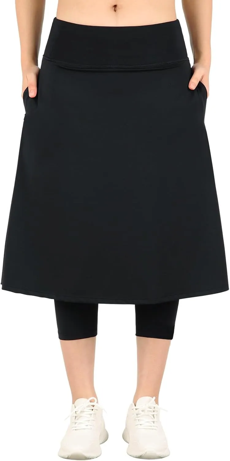 Womens Athletic Skirted Leggings with Pockets High Waisted Knee Length Skirts with Capris Leggings for Tennis