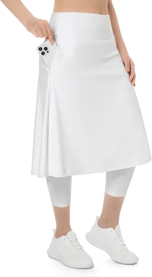 Womens Athletic Skirted Leggings with Pockets High Waisted Knee Length Skirts with Capris Leggings for Tennis
