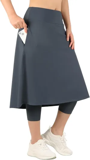 Womens Athletic Skirted Leggings with Pockets High Waisted Knee Length Skirts with Capris Leggings for Tennis