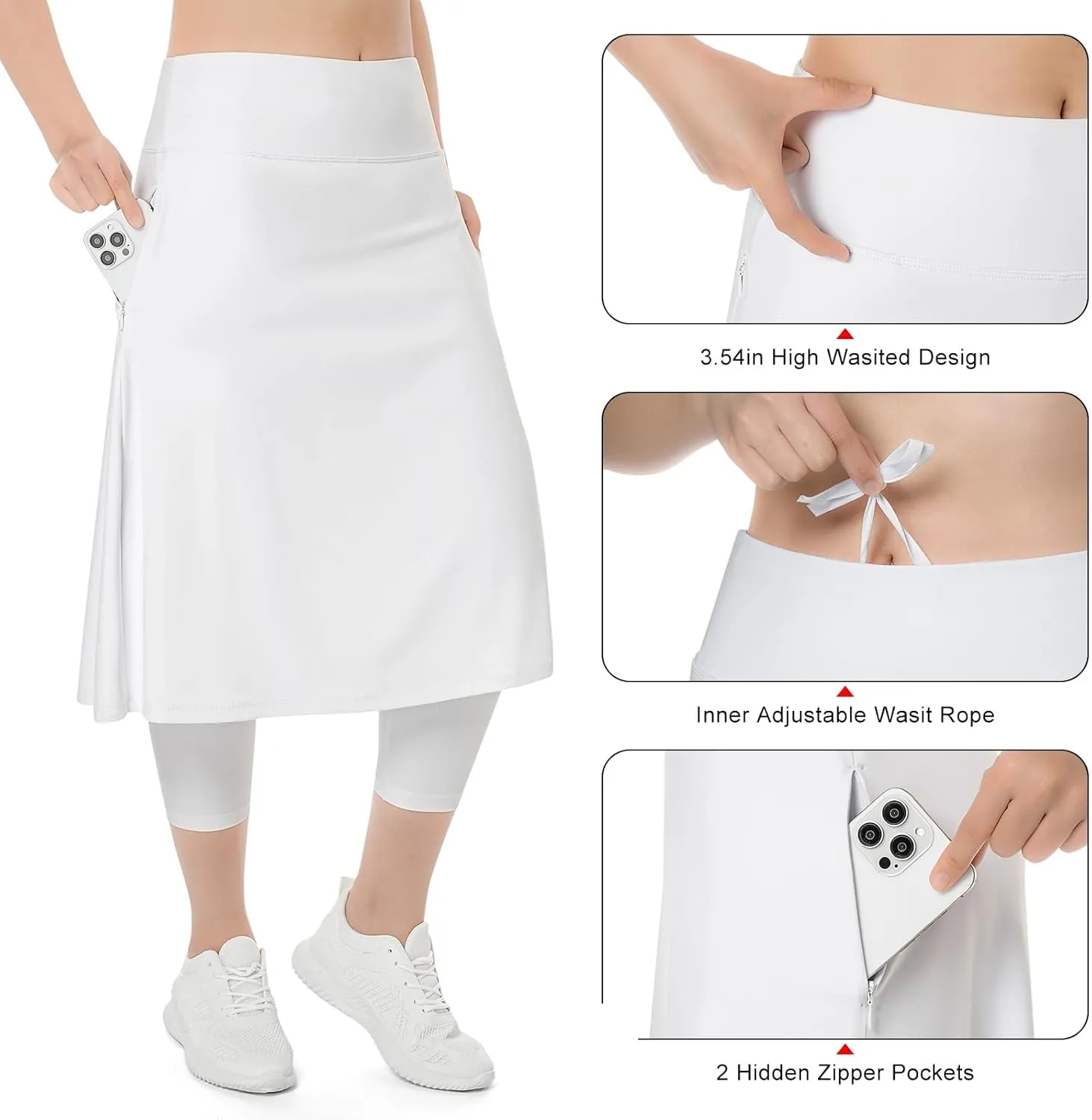 Womens Athletic Skirted Leggings with Pockets High Waisted Knee Length Skirts with Capris Leggings for Tennis