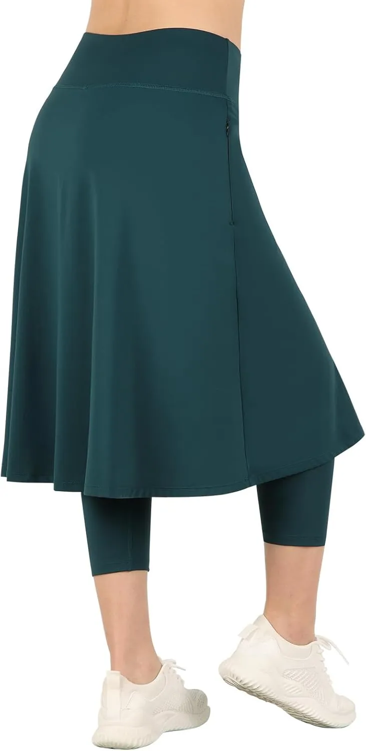 Womens Athletic Skirted Leggings with Pockets High Waisted Knee Length Skirts with Capris Leggings for Tennis