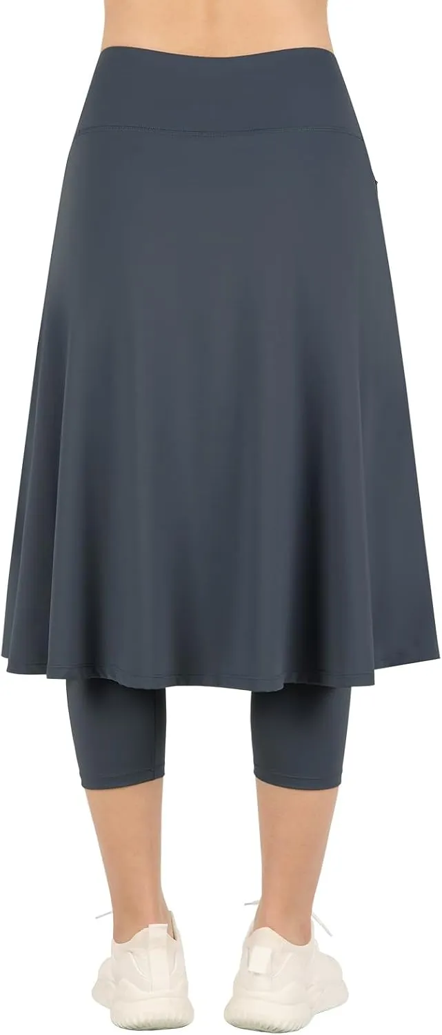 Womens Athletic Skirted Leggings with Pockets High Waisted Knee Length Skirts with Capris Leggings for Tennis