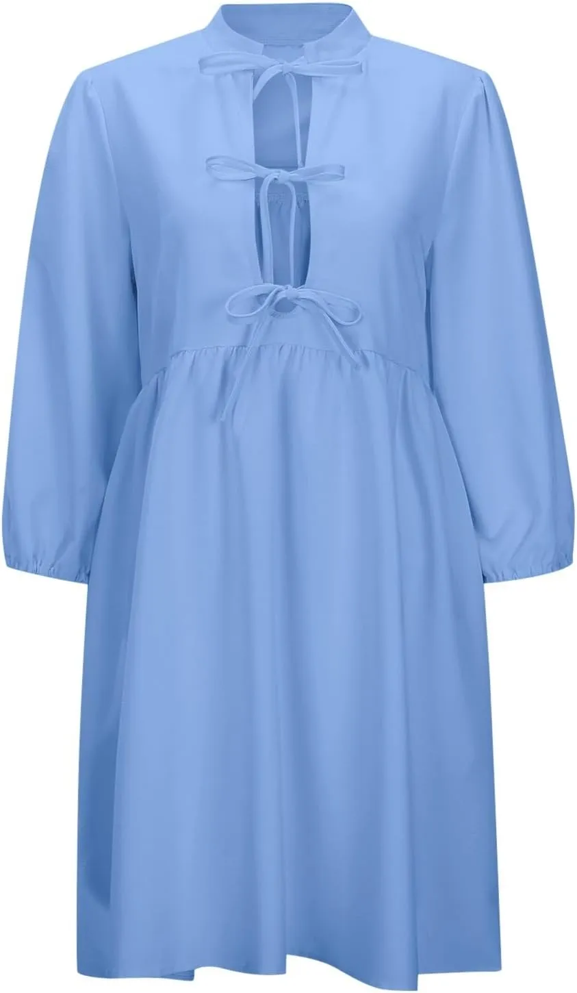 Women's Babydoll Dress Crewneck Long Puff Sleeve Tie Front Ruffle A-Line Mini Dress Cute Mini Tunic Dresses 2025