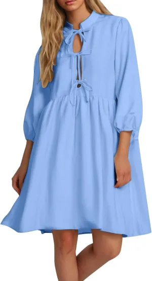 Women's Babydoll Dress Crewneck Long Puff Sleeve Tie Front Ruffle A-Line Mini Dress Cute Mini Tunic Dresses 2025