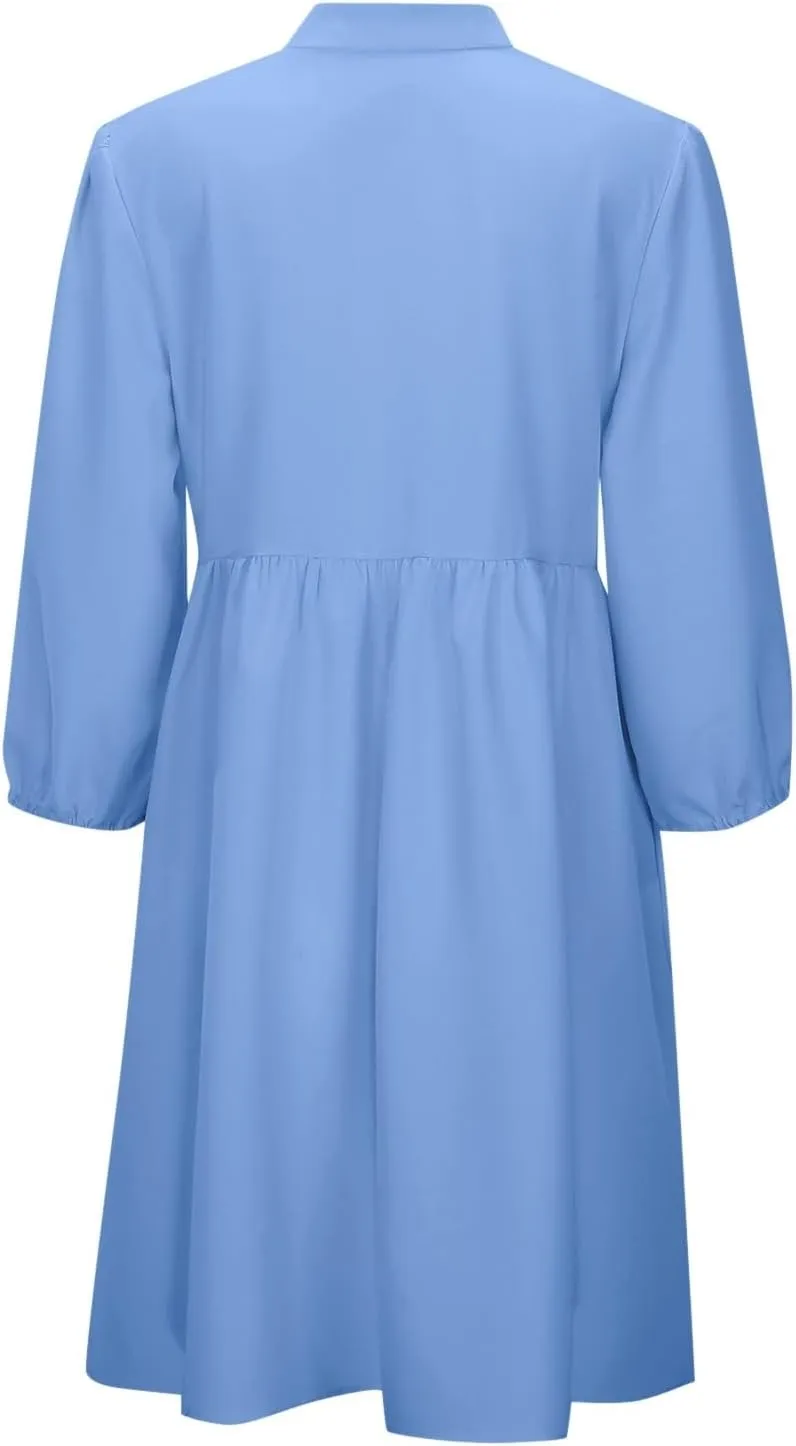 Women's Babydoll Dress Crewneck Long Puff Sleeve Tie Front Ruffle A-Line Mini Dress Cute Mini Tunic Dresses 2025