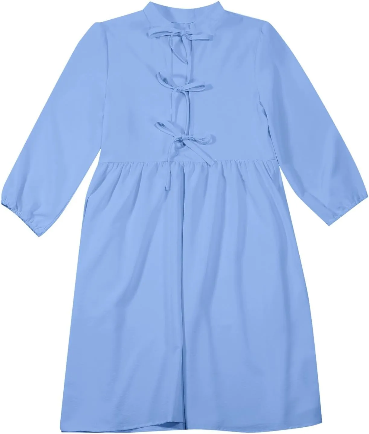 Women's Babydoll Dress Crewneck Long Puff Sleeve Tie Front Ruffle A-Line Mini Dress Cute Mini Tunic Dresses 2025