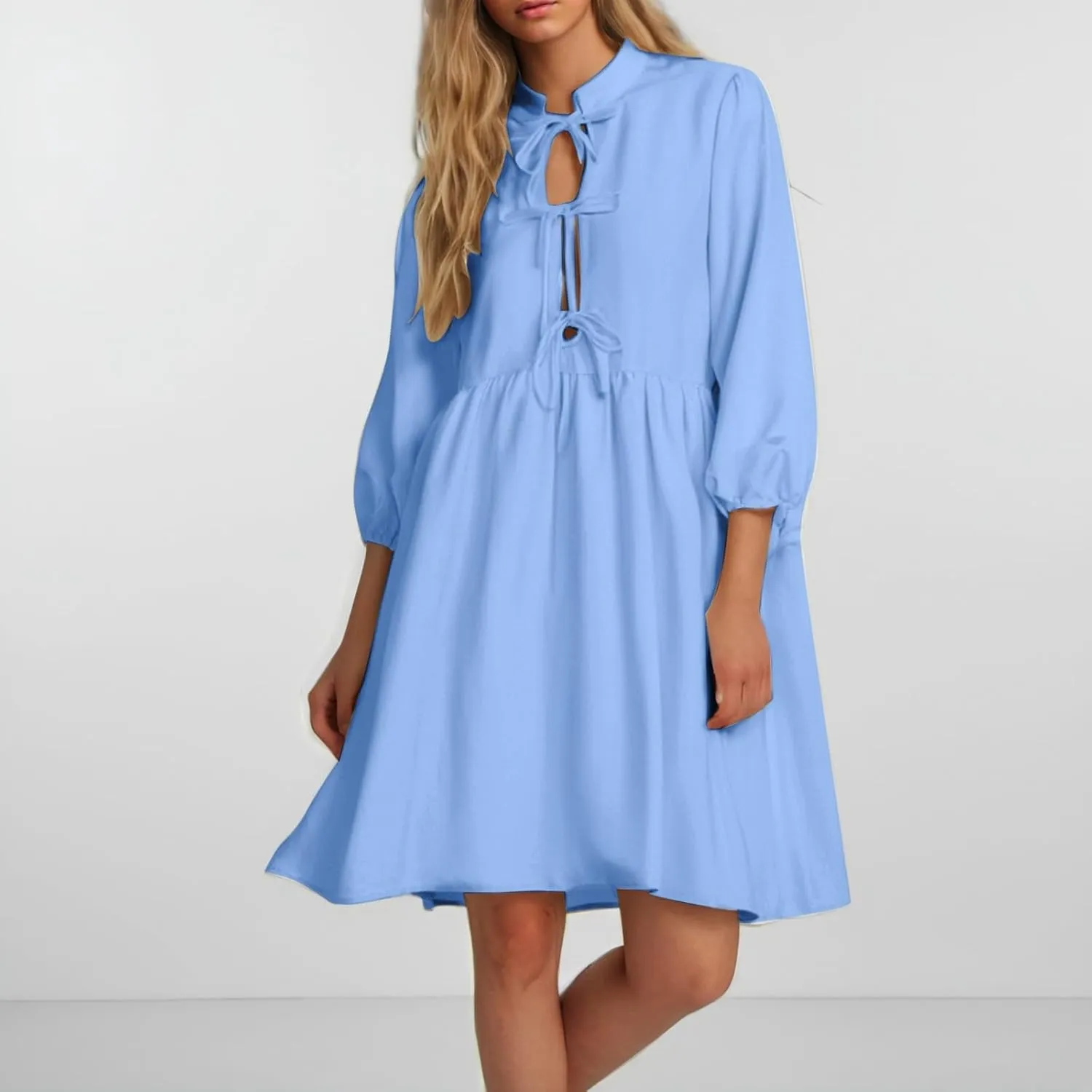 Women's Babydoll Dress Crewneck Long Puff Sleeve Tie Front Ruffle A-Line Mini Dress Cute Mini Tunic Dresses 2025