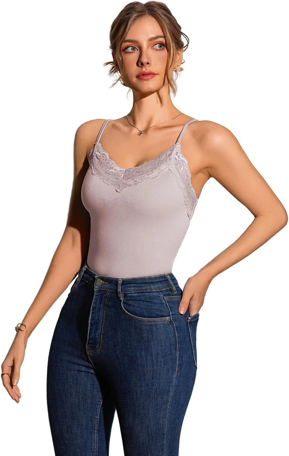Womens Camisole Tank Top Undershirt Adjustable Spaghetti Strap V-Neck Lace Stretchy Camisoles