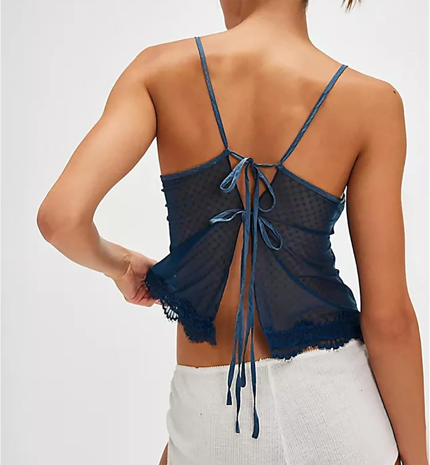 Women's Camisole Tank Tops Spaghetti Strap Deep V Neck Open Back Going Out Sleeveless Lace Crop Tops Streetwear