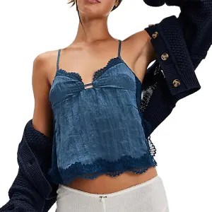 Women's Camisole Tank Tops Spaghetti Strap Deep V Neck Open Back Going Out Sleeveless Lace Crop Tops Streetwear