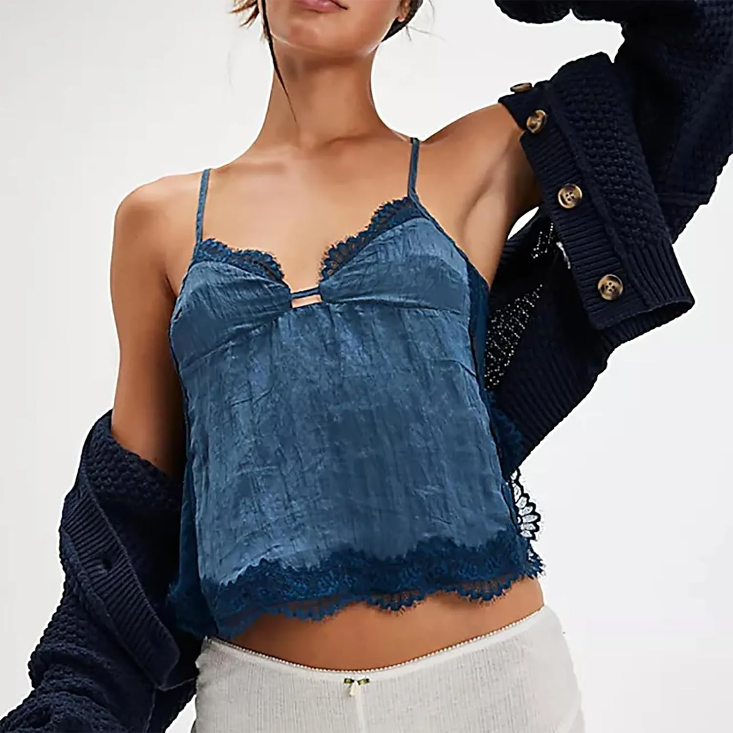 Women's Camisole Tank Tops Spaghetti Strap Deep V Neck Open Back Going Out Sleeveless Lace Crop Tops Streetwear