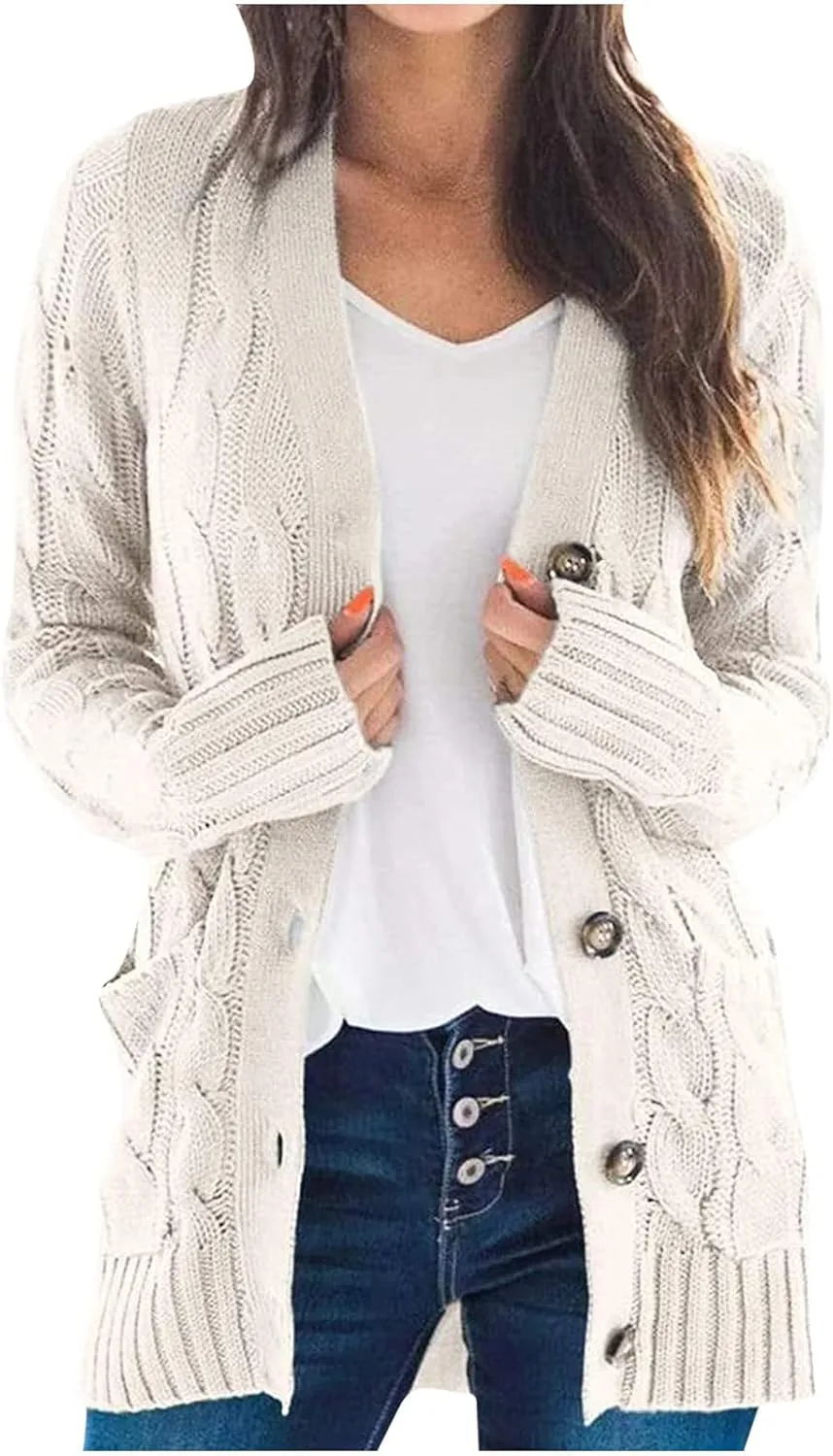 Women's Cardigan Chunky Open Front Button Sweaters with Pockets Loose Slouchy Oversized Fall Outerwear Coat
