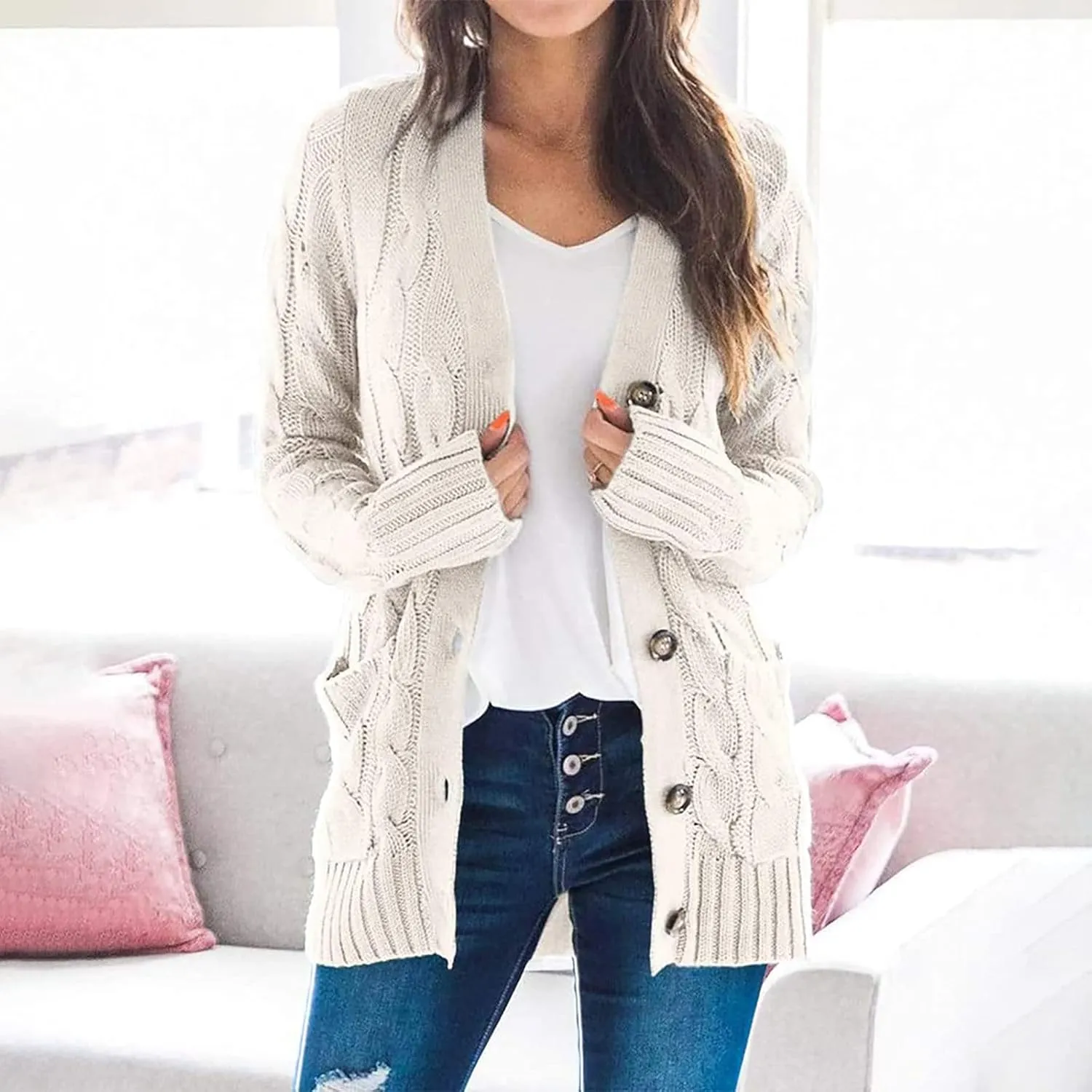 Women's Cardigan Chunky Open Front Button Sweaters with Pockets Loose Slouchy Oversized Fall Outerwear Coat