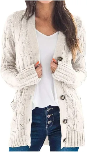 Women's Cardigan Chunky Open Front Button Sweaters with Pockets Loose Slouchy Oversized Fall Outerwear Coat